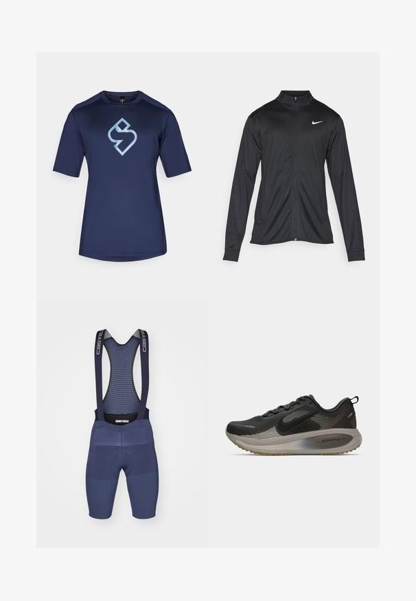 Juodas sportinis švarkas su ilgomis rankovėmis, apykakle ir pilnu užtrauktuku. Yra subtilus baltas Nike logotipas kairėje krūtinės pusėje. Lygus tekstūra.; Tamsiai mėlynas trumpomis rankovėmis sportinis marškinėliai, pagaminti iš glotnaus, drėgmę sugeriančio audinio, su šviesiai mėlynu logotipu centre.; Jūriniai dviračių šortai su petnešomis, turintys kvėpuojančią tinklelio nugarą, paminkštintą sėdynę ir tekstūruotų panelių detales patogumui ir pritaikymui.; Juoda bėgimo bateliai su tinklinio audinio viršumi, atspindinčiais akcentais ir ZoomX amortizacija. Turi tekstūruotą pado dizainą, užtikrinantį sukibimą. Sumažinta forma.