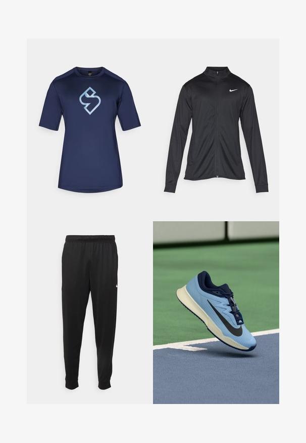 Juodas sportinis švarkas su ilgomis rankovėmis, apykakle ir pilnu užtrauktuku. Yra subtilus baltas Nike logotipas kairėje krūtinės pusėje. Lygus tekstūra.; Tamsiai mėlynas trumpomis rankovėmis sportinis marškinėliai, pagaminti iš glotnaus, drėgmę sugeriančio audinio, su šviesiai mėlynu logotipu centre.; Juodi sportiniai kelnės, pagamintos iš lygaus audinio, turinčios elastinę juosmenį, siaurėjantys sijonai ir mažas baltas logotipas kairėje pusėje.; Šviesiai mėlyna sportinė avalynė su tamsiai mėlynais akcentais, tekstūruota tinklelis viršutinėje dalyje ir juodu "Swoosh" logotipu. turi paminkštintą tarpinį padas ir guminį padas.