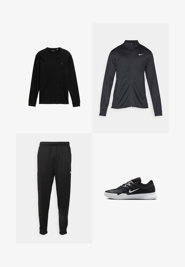 Schwarze Sportjacke mit langen Ärmeln, Kragen und voller Reißverschluss. Verfügt über ein dezentes Nike-Logo in Weiß auf der oberen linken Brust. Glatte Textur.; Schwarzes Langarm-T-Shirt aus weichem Stoff; verfügt über einen Rundhalsausschnitt, gerippte Bündchen und ein kleines Logo auf der Brust als Detail.; Schwarze Sporthosen aus glattem Stoff, mit einem elastischen Bund, schmal zulaufenden Beinen und einem kleinen weißen Logo auf der linken Seite.; Schwarzer Sportschuh mit strukturiertem Obermaterial, weißem Nike-Warenzeichen und einer weißen Gummisohle. Verfügt über ein Schnürdesign und eine dynamische Form.