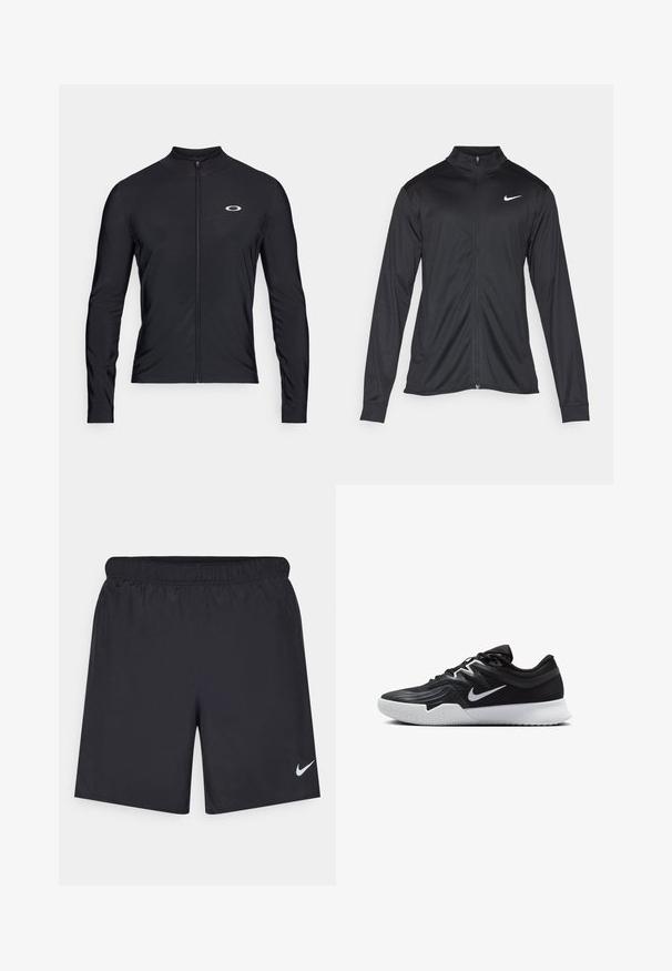 Svart idrettsjakke med lange ermer, krage og full glidelås. Har en subtil Nike-logo i hvitt på øvre venstre bryst. Glatt tekstur.; Svart langermet zip-up skjorte laget av lett stoff; har en rund krage og liten logo trykket på øvre venstre side.; Svart sportskjørt laget av lett materiale med elastisk linning. Har en liten hvit Nike-logo nederst til venstre.; Svart treningssko med teksturert overdel, hvit Nike-swoosh og hvit gummisåle. Har snøring og en dynamisk form.