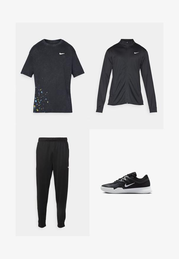 Juodas sportinis švarkas su ilgomis rankovėmis, apykakle ir pilnu užtrauktuku. Yra subtilus baltas Nike logotipas kairėje krūtinės pusėje. Lygus tekstūra.; Juodas medvilninis marškinėliai su apvalia iškirpte, su balta Nike logotipu ir spalvinga splatter raštu kairiajame apatine kampuose.; Juodi sportiniai kelnės, pagamintos iš lygaus audinio, turinčios elastinę juosmenį, siaurėjantys sijonai ir mažas baltas logotipas kairėje pusėje.; Juodos sportinės bateliai su tekstūruota viršutine dalimi, balta Nike swoosh ir balta gumine išorine dalimi. Yra su raištelių užsegimo dizainu ir dinamine forma.