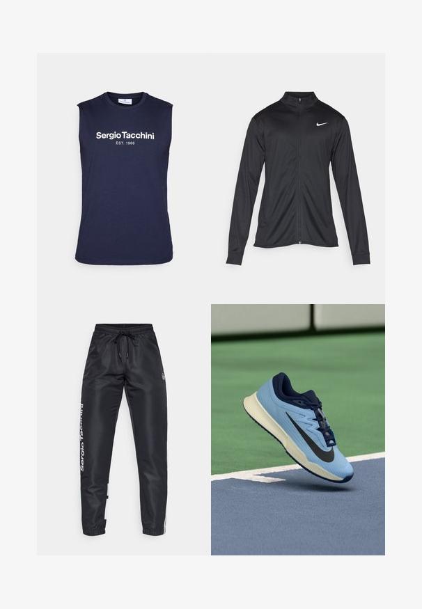 Must värvi sportlik jakk pikkade varrukatega, krae ja täispikk tõmblukk. Ülemises vasakus rinnas on diskreetne valge Nike logo. Sile tekstuur.; Tumesinine ilma varrukateta puuvillane T-särk, millel on valge tekst "Sergio Tacchini EST. 1966" rinnal; ümmargune kaelus, sirge äär.; Mustad kangast sportlikud püksid, millel on nööriga vöökoht, valge brändingu detail külgedel ja kontrastse värviga paneelid alläärtes.; Helesinine spordijalats navy aksentidega, tekstureeritud võrgupealne ja must Swoosh logo. Soolas on pehmendustega keskosa ja kummist välistald.