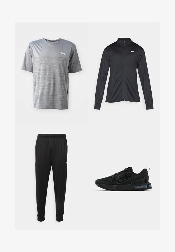 Jacket desportivo preto com mangas longas, colarinho e fecho zip completo. Apresenta um discreto logotipo da Nike em branco na parte superior do lado esquerdo do peito. Textura suave.; T-shirt atlético cinza feito de tecido respirável. Apresenta um painel superior suave, um corpo inferior texturizado e o logótipo da Under Armour no peito.; Calças de desporto pretas feitas de tecido suave, com uma cintura elástica, pernas ajustadas e um pequeno logo branco no lado esquerdo.; Tênis esportivo Nike preto com parte superior em malha, sola de borracha, colarinho acolchoado e um distinto detalhe transparente no calcanhar.