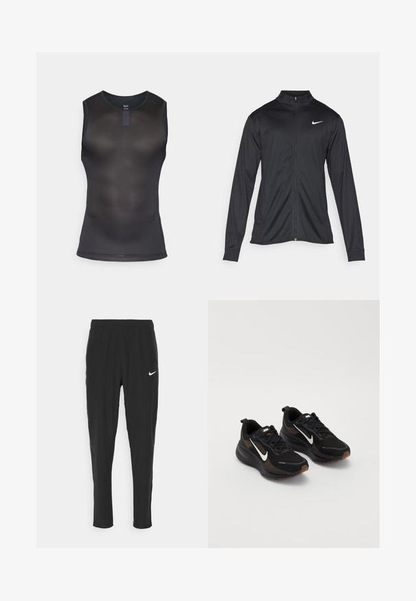 Chaqueta atlética negra con mangas largas, collar y cremallera completa. Presenta un sutil logo de Nike en blanco en la parte superior izquierda del pecho. Textura suave.; Top atlético negro sin mangas hecho de tela de malla. Presenta un cuello redondo y un diseño ajustado con una sutil textura en toda su superficie.; Pantalones deportivos negros hechos de una tela liviana, con una cintura elástica y un logo de Nike en blanco en el muslo izquierdo.; Zapatillas deportivas negras con una parte superior de malla transpirable, logo de Nike en blanco, suela texturizada y acentos marrones contrastantes. Incluye refuerzo en el talón.