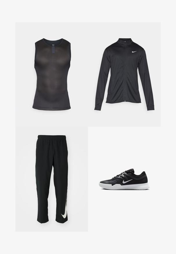 Crna sportska jakna s dugim rukavima, ovratnikom i punim patentnim zatvaračem. Ima suptilan Nike logo u bijeloj boji na gornjem lijevom dijelu prsne oznake. Glatka tekstura.; Crni bezrukavni atletski top napravljen od mrežaste tkanine. Ima okrugli izrez i prilagođen dizajn s blagom teksturom kroz cijelu površinu.; Crne sportske hlače s elastičnim pojasom, suženi dizajn, sa velikim bijelim Nike logotipom na lijevoj nozi. Mekana, lagana tkanina.; Crna sportska cipela s teksturiranim gornjim dijelom, bijelim Nike swooshom i bijelim gumennim potplatom. Ima dizajn s vezanjem i dinamičan oblik.