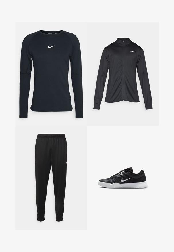Melna sporta jaka ar garām piedurknēm, apkakli un pilnu rāvējslēdzēju. Uz kreisā krūts augšdaļas ir maigs Nike logo baltā krāsā. Gluda tekstūra.; Melnā ilgā piedurkne sporta krekls ar apaļu kakla izgriezumu un raglanu piedurknēm. Uz krūtīm ir neliels balts Nike logo. Gluda virsma.; Melnas sporta bikses, kas izgatavotas no gludas auduma, ar elastīgu jostu, sašaurinošām kājām un mazu balto logo kreisajā pusē.; Melni sporta apavi ar teksturētu virsu, balto Nike zulumu un balto gumijas zoli. Iezīmējas ar auklu pievilkšanas dizainu un dinamisku formu.