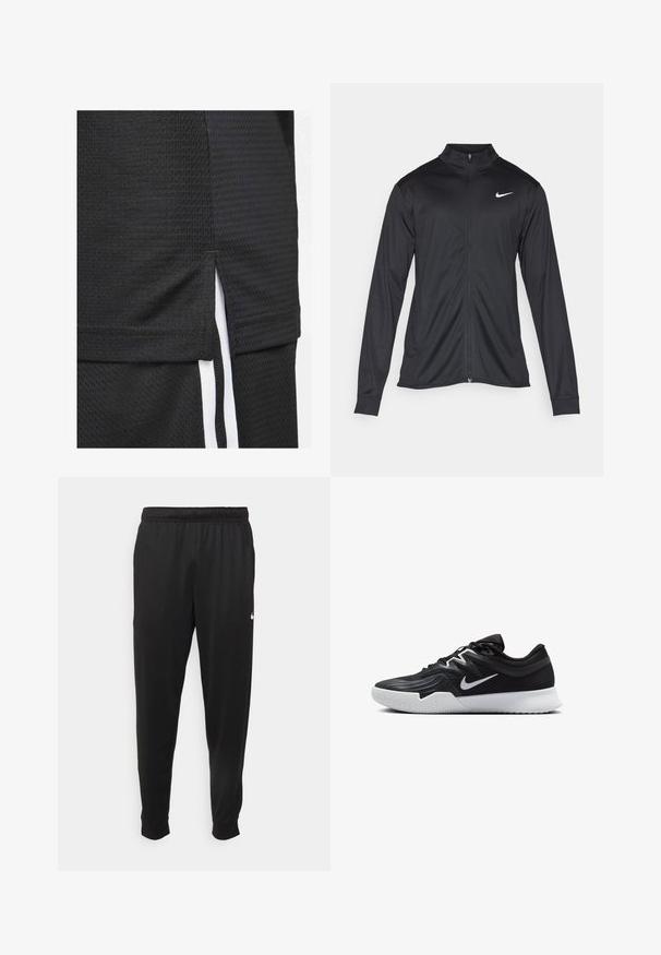 Melna sporta jaka ar garām piedurknēm, apkakli un pilnu rāvējslēdzēju. Uz kreisā krūts augšdaļas ir maigs Nike logo baltā krāsā. Gluda tekstūra.; Melnā sporta krekla, kuram ir teksturēta auduma virsma, īss apakšmalas garums ar sānu iegriezumiem un baltas akcenta svītras gar sāniem.; Melnas sporta bikses, kas izgatavotas no gludas auduma, ar elastīgu jostu, sašaurinošām kājām un mazu balto logo kreisajā pusē.; Melni sporta apavi ar teksturētu virsu, balto Nike zulumu un balto gumijas zoli. Iezīmējas ar auklu pievilkšanas dizainu un dinamisku formu.