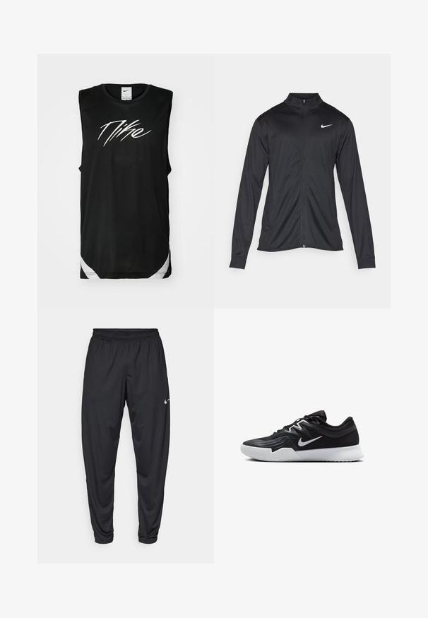 Schwarze Sportjacke mit langen Ärmeln, Kragen und voller Reißverschluss. Verfügt über ein dezentes Nike-Logo in Weiß auf der oberen linken Brust. Glatte Textur.; Schwarzes ärmelloses Sportshirt aus Netzmaterial, mit einem auffälligen weißen Nike-Logo auf der Vorderseite und weißen Akzenten am Saum.; Schwarze Sporthose mit elastischem Bund, schmal zulaufenden Beinen und kleinem weißen Nike-Logo auf dem linken Oberschenkel. Glattes Material, ohne Muster.; Schwarzer Sportschuh mit strukturiertem Obermaterial, weißem Nike-Warenzeichen und einer weißen Gummisohle. Verfügt über ein Schnürdesign und eine dynamische Form.
