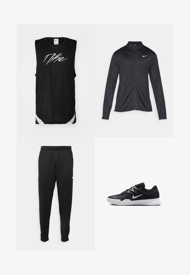 Chaqueta atlética negra con mangas largas, collar y cremallera completa. Presenta un sutil logo de Nike en blanco en la parte superior izquierda del pecho. Textura suave.; Camiseta atlética sin mangas negra hecha de material de malla, con un prominente logo blanco de Nike en el frente y detalles en blanco en el dobladillo.; Pantalones deportivos negros de tejido suave, con cintura elástica, perneras ajustadas y un pequeño logotipo blanco en el lado izquierdo.; Zapatilla deportiva negra con parte superior texturizada, logo de Nike en blanco y suela de goma blanca. Tiene un diseño con cordones y una forma dinámica.