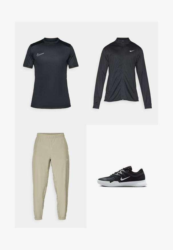 Μαύρο αθλητικό μπουφάν με μακριά μανίκια, γιακά και πλήρη φερμουάρ. Διαθέτει ένα διακριτικό λευκό λογότυπο της Nike στη πάνω αριστερή πλευρά του στήθους. Λείος υφασμάτινος χαρακτήρας.; Μαύρο κοντομάνικο αθλητικό μπλουζάκι από ελαφρύ ύφασμα, με στρογγυλή λαιμόκοψη και λευκό λογότυπο Nike στο αριστερό στήθος.; Ανοιχτό μπεζ παντελόνι jogger με ελαστική μέση, μανσέτες στους αστραγάλους και πλαϊνές τσέπες. Διαθέτει μικρό λευκό λογότυπο μπροστά.; Μαύρο αθλητικό παπούτσι με υφή στο επάνω μέρος, λευκό σήμα Nike και λευκή καουτσούκ σόλα. Διαθέτει σχέδιο με κορδόνια και δυναμικό σχήμα.