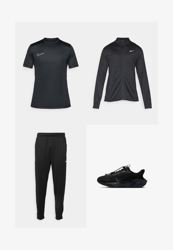 Must värvi sportlik jakk pikkade varrukatega, krae ja täispikk tõmblukk. Ülemises vasakus rinnas on diskreetne valge Nike logo. Sile tekstuur.; Must have lühikesed varrukad spordisärk mustast kergest kangast, ümmarguse kaelusega ja valge Nike logo vasakul rinnal.; Mustad mustekad athletic-püksid sujuvast kangast, elastse vöökoha, kitsenevate jalgade ja väikese valge logoga vasakul küljel.; Mustad mustreejalised jooksu-shuud, millel on tekstuuriga kangas, siledad detailid ja silmapaistev Nike logo. Varustatud pehme tallaga ja elastsete paeltega.