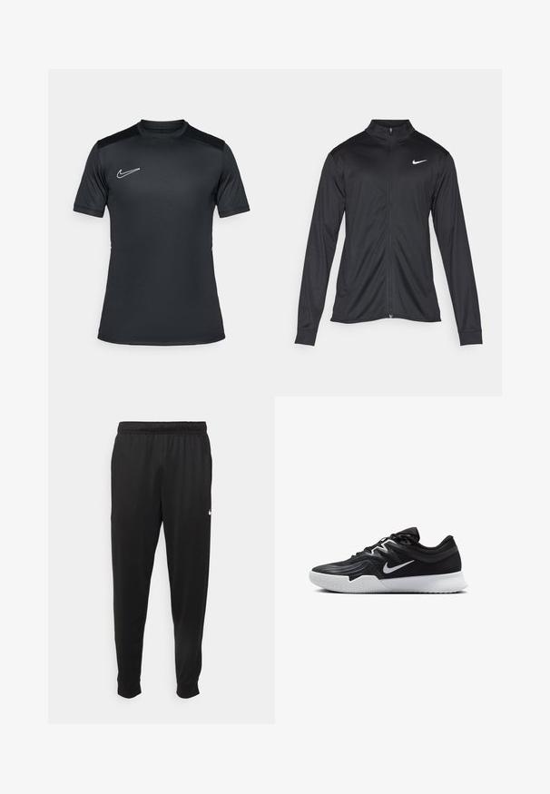 Must värvi sportlik jakk pikkade varrukatega, krae ja täispikk tõmblukk. Ülemises vasakus rinnas on diskreetne valge Nike logo. Sile tekstuur.; Must have lühikesed varrukad spordisärk mustast kergest kangast, ümmarguse kaelusega ja valge Nike logo vasakul rinnal.; Mustad mustekad athletic-püksid sujuvast kangast, elastse vöökoha, kitsenevate jalgade ja väikese valge logoga vasakul küljel.; Must mustad jalanikesad rikaste ülaservaga, valge Nike swoosh'i ja valge kummist välispõhjaga. Omab paeltega sulgemisdetaili ja dünaamilist kuju.