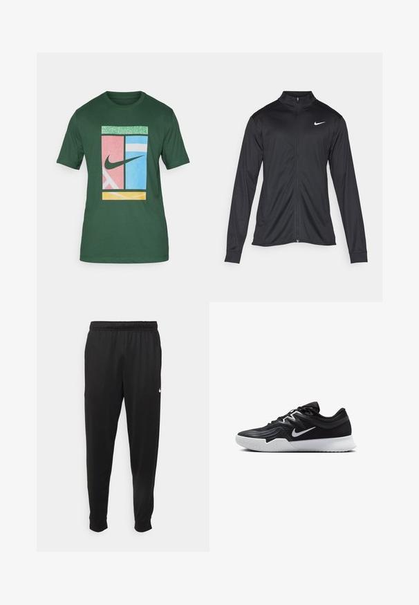 Černá sportovní bunda s dlouhými rukávy, límcem a plným zipem. Má decentní bílou logo značky Nike na horní levé části hrudi. Hladká textura.; Zelené bavlněné tričko s grafickým designem v růžových, modrých a žlutých sekcích a výrazným černým logem Nike swoosh.; Černé sportovní kalhoty vyrobené z hladké tkaniny, s elastickým pasem, zúženými nohavicemi a malým bílým logem na levé straně.; Černá atletická bota s texturovaným svrškem, bílým logem Nike a bílou gumovou podrážkou. Disponuje šněrovacím designem a dynamickým tvarem.