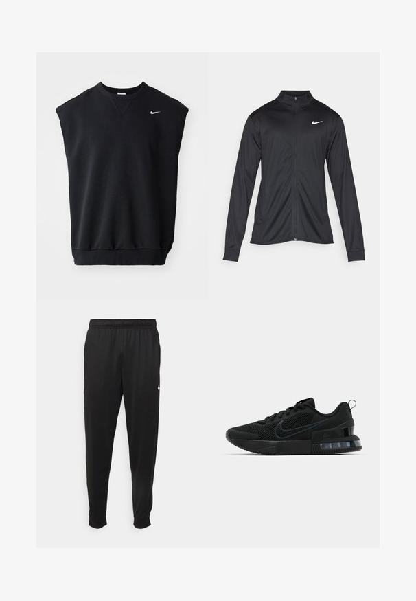 Melna sporta jaka ar garām piedurknēm, apkakli un pilnu rāvējslēdzēju. Uz kreisā krūts augšdaļas ir maigs Nike logo baltā krāsā. Gluda tekstūra.; Melnas bez piedurknēm sporta jakas, kas izgatavota no kokvilnas maisījuma, ar ribotu apaļu kakla izgriezumu un mazu balto Nike logo augšējā kreisajā stūrī.; Melnas sporta bikses, kas izgatavotas no gludas auduma, ar elastīgu jostu, sašaurinošām kājām un mazu balto logo kreisajā pusē.; Melnas Nike sporta kurpes ar sietu augšpusi, gumijas zoli, polsterētu apkakli un izteiktu caurspīdīgu papēdi.