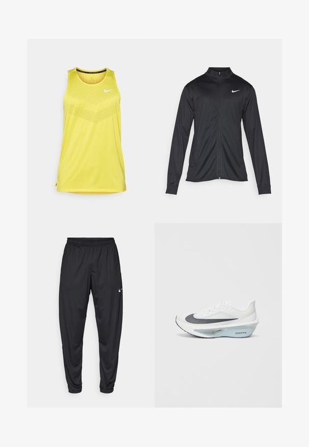 Črna atletska jakna z dolgimi rokavi, ovratnikom in polnim zadrgo. Vključuje diskreten bel Nike logotip na zgornjem levem delu prsnega koša. Gladka tekstura.; Rumena športna majica brez rokavov z okroglim izrezom, teksturiranim zgornjim vzorcem in stranskimi razporki za lažje gibanje. Nike logotip v beli barvi.; Črne športne hlače z elastičnim pasom, z ozkimi nogami in majhnim belim logotipom Nike na levem stegnu. Gladek material, brez vzorcev.; Bela športna obutev z zgornjim delom iz sive mrežaste tkanine, z modrim ZoomX penastim srednjim delom in ukrivljenim podplatom za boljšo propulzijo in udobje.
