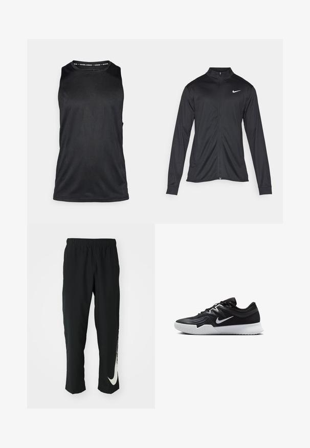 Black athletic jacket with long sleeves, collar, and full zipper. Features a subtle Nike logo in white on the upper left chest. Smooth texture.; Black sleeveless athletic tank top, made of smooth, lightweight fabric, featuring a crew neckline and minimalist design without embellishments.; Black athletic pants with elastic waistband, tapering design, featuring a large white Nike logo on the left leg. Soft, lightweight fabric.; Black athletic shoe with a textured upper, white Nike swoosh, and a white rubber outsole. Features a lace-up design and dynamic shape.