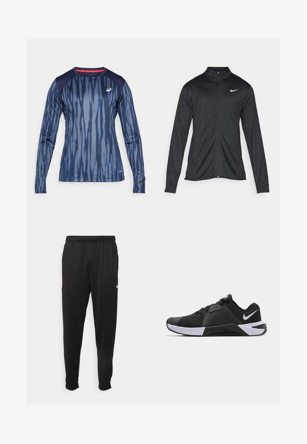 Must värvi sportlik jakk pikkade varrukatega, krae ja täispikk tõmblukk. Ülemises vasakus rinnas on diskreetne valge Nike logo. Sile tekstuur.; Pikendatud varrukatega spordikaelus, mis on valmistatud elastsetest kangast, navy-gradient mustriga, millel on vertikaalsed triibud ja soonikuid krae.; Mustad mustekad athletic-püksid sujuvast kangast, elastse vöökoha, kitsenevate jalgade ja väikese valge logoga vasakul küljel.; Nike Performance METCON 10 - Treeningjalatsid - black/white/anthracite