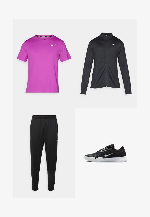 Chaqueta atlética negra con mangas largas, collar y cremallera completa. Presenta un sutil logo de Nike en blanco en la parte superior izquierda del pecho. Textura suave.; Camiseta atlética de manga corta morada hecha de un tejido ligero, con el logotipo de Nike en blanco en la parte superior izquierda del pecho.; Pantalones deportivos negros de tejido suave, con cintura elástica, perneras ajustadas y un pequeño logotipo blanco en el lado izquierdo.; Zapatilla deportiva negra con parte superior texturizada, logo de Nike en blanco y suela de goma blanca. Tiene un diseño con cordones y una forma dinámica.