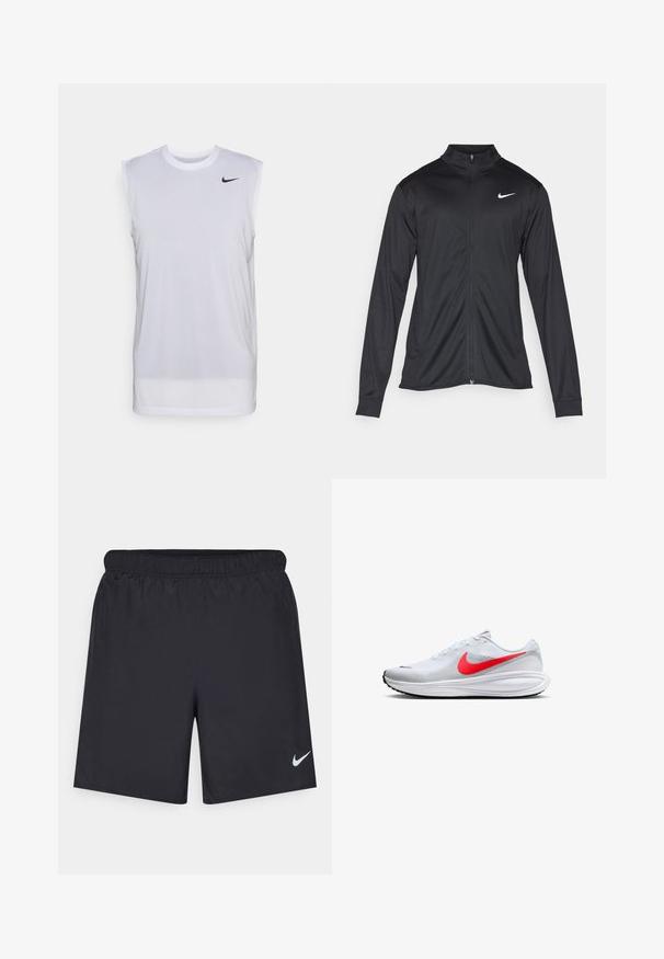 Czarna sportowa kurtka z długimi rękawami, kołnierzem i pełnym zamkiem. Posiada subtelne logo Nike w białym kolorze na lewej górnej części klatki piersiowej. Gładka tekstura.; Biała bezrękawnik sportowy wykonany z lekkiego materiału. Posiada okrągły dekolt oraz małe czarne logo Nike na górnej lewej części.; Czarne spodenki sportowe wykonane z lekkiego materiału, z elastycznym pasem. Posiadają małe białe logo Nike na dolnej lewej stronie.; Białe siateczkowe buty do biegania z czerwonym logo Nike, z amortyzowaną podeszwą, okrągłym czubkiem i systemem sznurowania. Czarna gumowa podeszwa zewnętrzna zapewniająca przyczepność.