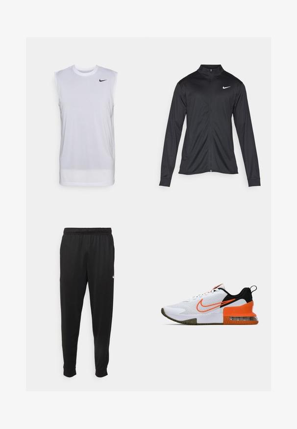 Giacca sportiva nera con maniche lunghe, colletto e zip completa. Presenta un logo Nike in bianco sulla parte superiore del lato sinistro del petto. Tessuto morbido.; Maglietta atletica bianca senza maniche realizzata in materiale leggero. Caratterizzata da un collo rotondo e un piccolo logo Nike nero sul lato superiore sinistro.; Pantaloni sportivi neri realizzati in tessuto liscio, con una vita elastica, gambe affusolate e un piccolo logo bianco sul lato sinistro.; Scarpa sportiva bianca con tomaia in mesh testurizzato, dettagli neri e arancioni, una suola in gomma spessa e una sezione di cuscino d'aria trasparente nel tallone.