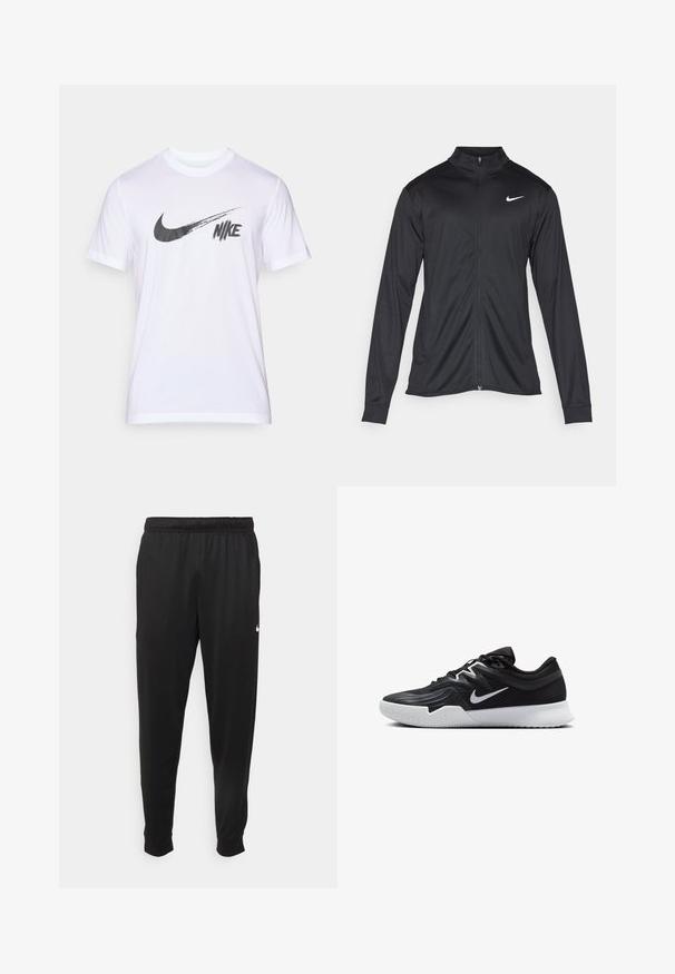 Chaqueta atlética negra con mangas largas, collar y cremallera completa. Presenta un sutil logo de Nike en blanco en la parte superior izquierda del pecho. Textura suave.; Camiseta de algodón blanca con mangas cortas que presenta un gran logotipo de Nike en negro y el nombre de la marca. Textura suave, escote redondo estándar.; Pantalones deportivos negros de tejido suave, con cintura elástica, perneras ajustadas y un pequeño logotipo blanco en el lado izquierdo.; Zapatilla deportiva negra con parte superior texturizada, logo de Nike en blanco y suela de goma blanca. Tiene un diseño con cordones y una forma dinámica.