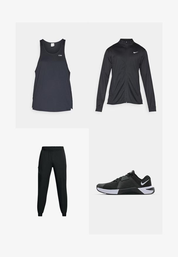 Giacca sportiva nera con maniche lunghe, colletto e zip completa. Presenta un logo Nike in bianco sulla parte superiore del lato sinistro del petto. Tessuto morbido.; Canotta atletica nera con texture a rete, scollatura rotonda e un piccolo logo bianco nella parte superiore sinistra.; Pantaloni sportivi neri con fascia elastica in vita, design con gamba affusolata, tasche laterali e dettagli a pannello a contrasto. Tessuto leggero e morbido.; Nike Performance METCON 10 - Scarpe da allenamento - black/white/anthracite