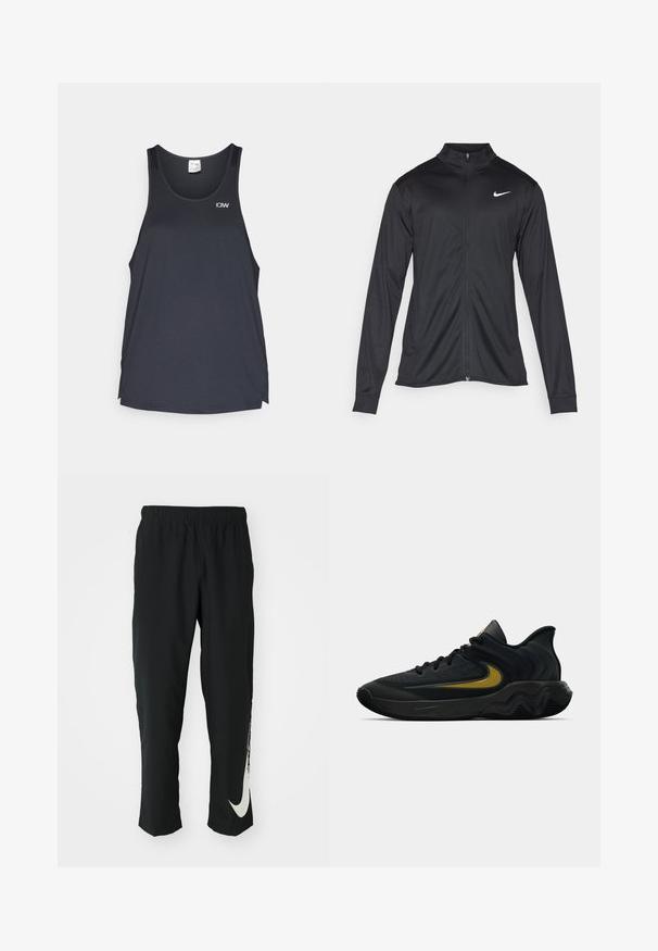 Svart idrottsjacka med långa ärmar, krage och full dragkedja. Har en diskret Nike-logga i vitt på övre vänstra bröstet. Slät yta.; Svart sporttopp i mesh-material med rund halsringning och en liten vit logotyp på övre vänster sida.; Svarta träningsbyxor med elastisk midja, avsmalnande design, med en stor vit Nike-logotyp på vänster ben. Mjuk, lättviktig tyg.; Svart och mörkgrå sportskor med svarta snören och gul swoosh-logotyp, utrustad med en vågig sula och vadderad hälkrage.