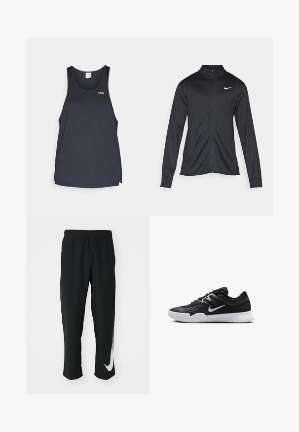 Melna sporta jaka ar garām piedurknēm, apkakli un pilnu rāvējslēdzēju. Uz kreisā krūts augšdaļas ir maigs Nike logo baltā krāsā. Gluda tekstūra.; Melns sporta topiņš ar režģa tekstūru, noapaļotu kakla izgriezumu un mazu baltu logo kreisajā augšējā stūrī.; Melni sporta bikses ar elastīgu jostasvīru, ar sašaurinātu dizainu, kurām uz kreisā kājas gabala ir liels balts Nike logo. Mīksts, viegls audums.; Melni sporta apavi ar teksturētu virsu, balto Nike zulumu un balto gumijas zoli. Iezīmējas ar auklu pievilkšanas dizainu un dinamisku formu.