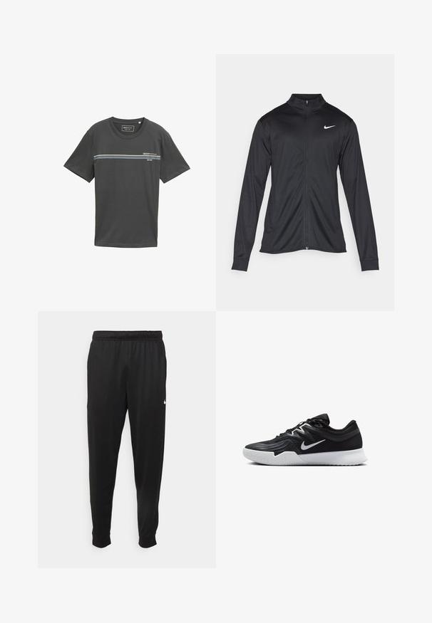 Melna sporta jaka ar garām piedurknēm, apkakli un pilnu rāvējslēdzēju. Uz kreisā krūts augšdaļas ir maigs Nike logo baltā krāsā. Gluda tekstūra.; Pelēks kokvilnas T-krekls ar īsām piedurknēm, apaļu kakla izgriezumu, ar horizontālām svītrām zilā, baltā un zaļā krāsā krūšu daļā, ar uzdrukātu logotipu.; Melnas sporta bikses, kas izgatavotas no gludas auduma, ar elastīgu jostu, sašaurinošām kājām un mazu balto logo kreisajā pusē.; Melni sporta apavi ar teksturētu virsu, balto Nike zulumu un balto gumijas zoli. Iezīmējas ar auklu pievilkšanas dizainu un dinamisku formu.