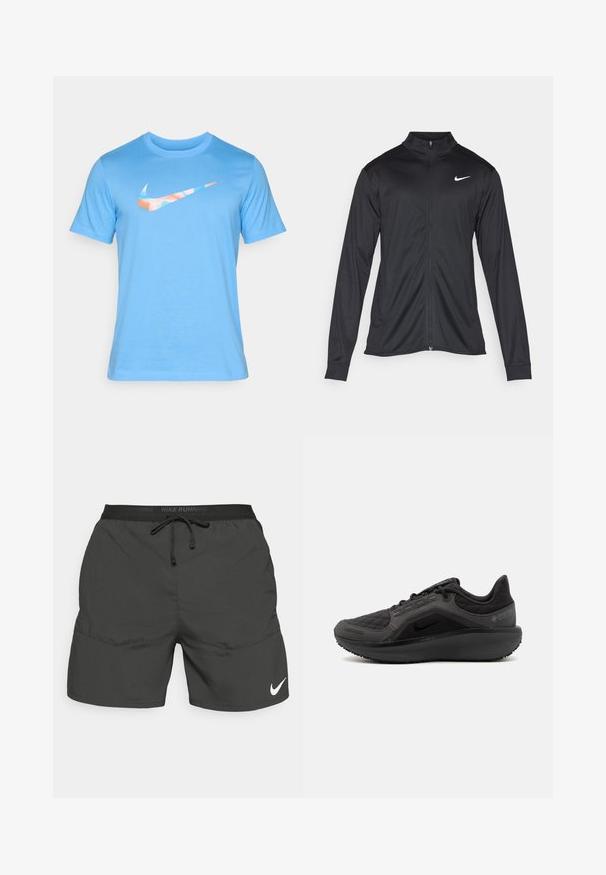 Musta urheilutakki pitkillä hihoilla, kauluksella ja kokonaisella vetoketjulla. Täydentää hienovarainen Nike-logo valkoisena vasemmassa ylärinnassa. Litteä pinta.; Vaaleansininen Nike-t-paita, joka on valmistettu pehmeästä kankaasta. Rinnassa on monivärinen swoosh-logo, klassinen pyöreä kaula-aukko ja lyhyet hihat.; Mustat juoksushortsit, joissa on joustava vyötärö, nyöri, sivutaskut ja valkoinen Nike-logo vasemmassa alareunassa.; Musta urheilukenkä, jossa on teksturoitu tikattu päällinen, tyylikäs muotoilu ja musta kumipohja. Varustettu näkyvällä logolla ja Gore-Tex -merkillä.