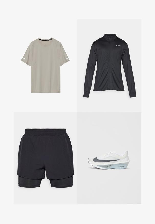 Černá sportovní bunda s dlouhými rukávy, límcem a plným zipem. Má decentní bílou logo značky Nike na horní levé části hrudi. Hladká textura.; Svetle šedé sportovní tričko vyrobené z materiálu odvádějící vlhkost, s krátkými rukávy, kulatým výstřihem a bílými reflexními akcenty na rukávech.; Černé sportovní šortky s elastickým pasem, vrstveným designem a přiléhavou vnitřní podšívkou. Hladká textura, navržené pro pohodlí.; Bílé sportovní boty s šedou síťovinou, modrou střední vrstvou z pěny ZoomX a zakřivenou podešví pro lepší pohon a pohodlí.