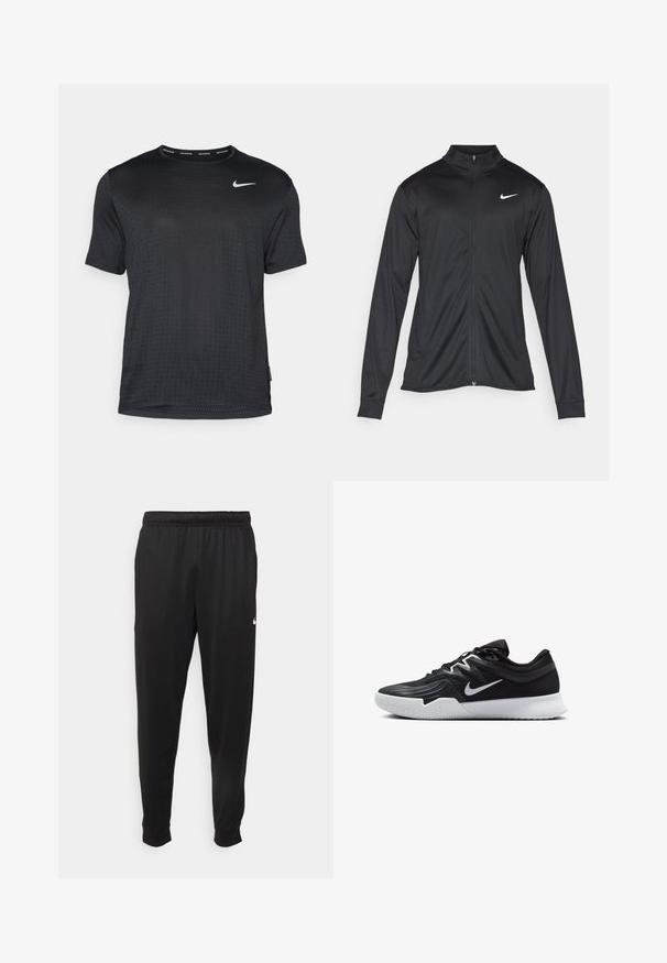 Must värvi sportlik jakk pikkade varrukatega, krae ja täispikk tõmblukk. Ülemises vasakus rinnas on diskreetne valge Nike logo. Sile tekstuur.; Must musta Nike jooksu T-särk, lühikeste varrukatega, valmistatud kergest kangast, millel on tekstuuriline Muster ja reflektiivne logo rinnal.; Mustad mustekad athletic-püksid sujuvast kangast, elastse vöökoha, kitsenevate jalgade ja väikese valge logoga vasakul küljel.; Must mustad jalanikesad rikaste ülaservaga, valge Nike swoosh'i ja valge kummist välispõhjaga. Omab paeltega sulgemisdetaili ja dünaamilist kuju.