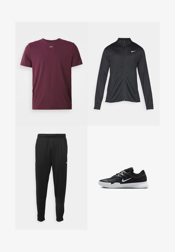 Musta urheilutakki pitkillä hihoilla, kauluksella ja kokonaisella vetoketjulla. Täydentää hienovarainen Nike-logo valkoisena vasemmassa ylärinnassa. Litteä pinta.; Lyhythihainen maroon värinen urheilu T-paita, jossa on pyöreä pääntie ja pieni valkoinen "ICIW" logo keskitettynä kauluksen alle.; Mustat urheiluhousut, jotka on valmistettu sileästä kankaasta. Niissä on joustava vyötärö, kapenevat lahkeet ja pieni valkoinen logo vasemmalla puolella.; Musta urheilukenkä, jossa on teksturoitu päällinen, valkoinen Nike-tikkaus ja valkoinen kumipohja. Kenkässä on nauhakuji ja dynaaminen muoto.
