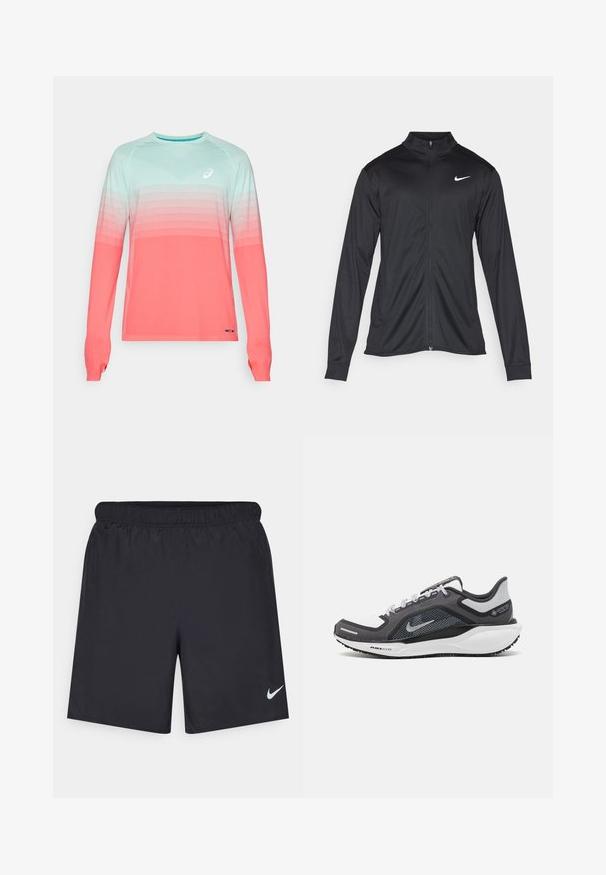 Schwarze Sportjacke mit langen Ärmeln, Kragen und voller Reißverschluss. Verfügt über ein dezentes Nike-Logo in Weiß auf der oberen linken Brust. Glatte Textur.; Langärmliges Sportshirt mit einem Farbverlauf von Hellblau zu Koralle. Hergestellt aus leichtem Stoff mit strukturierten Akzenten.; Schwarze sportliche Shorts aus leichtem Material mit einem elastischen Bund. Auf der unteren linken Seite befindet sich ein kleines weißes Nike-Logo.; Schwarzer und grauer Sportschuh mit einem Mesh-Obermaterial, reflektierenden Akzenten und einer weißen Zwischensohle. Verfügt über eine strukturierte Gummisohle und Schnürsenkel.