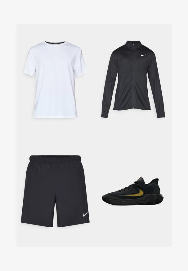 Čierna športová bunda s dlhými rukávmi, golierom a plným zipsom. Obsahuje nenápadné logo Nike v bielej farbe na hornej ľavej hrudi. Hladká textúra.; Biela krátka rukávová tričko vyrobené z hladkej tkaniny. Obsahuje malé svetlo modré logo na hrudi a čiernu nášivku na krku s nápisom "NIKE RUNNING."; Čierne atletické šortky z ľahkého materiálu s elastickým pásom. Na dolnej ľavej strane majú malé biele logo Nike.; Čierna a tmavošedá športová obuv s čiernymi šnúrkami a zlatým logom v tvare klíča, s vlnitým dizajnom podrážky a polstrovaným golierom na päte.