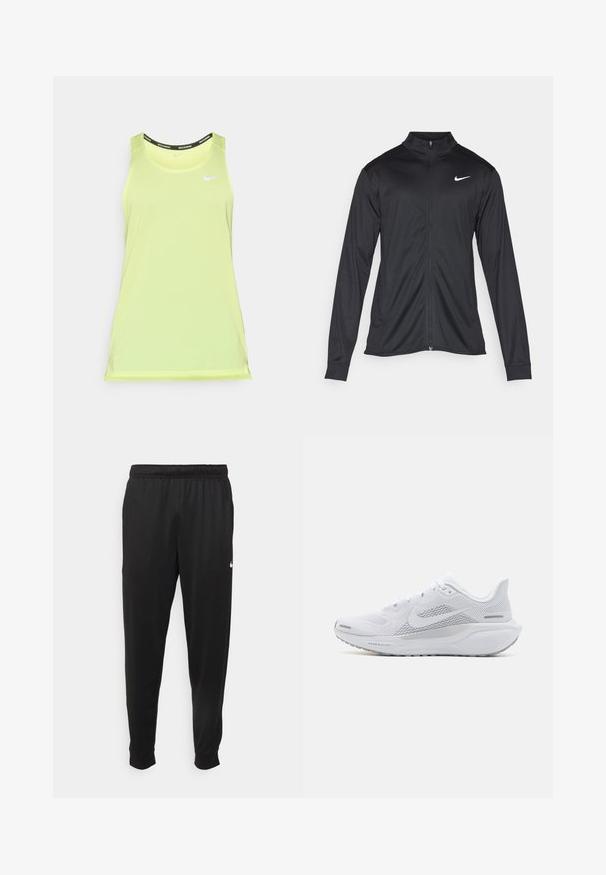 Jachetă sportivă neagră cu mâneci lungi, guler și fermoar complet. Prezintă un logo Nike subtil, alb, pe pieptul din stânga sus. Textură netedă.; Top de alergare fără mâneci, de culoare verde lime, cu textură din plasă, material neted și guler negru cu logo-ul Nike Running. Prezintă un mic logo alb.; Pantaloni sportivi negri dintr-o țesătură netedă, cu un elastic la brâu, picioare conice și un mic logo alb pe partea stângă.; Pantofii sport albi cu un superior din plasă, suprapărți cu textură netedă, accente gri, șireturi și o talpă căptușită, concepuți pentru performanță.