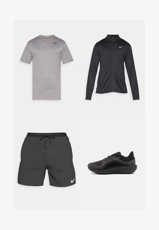 Jachetă sportivă neagră cu mâneci lungi, guler și fermoar complet. Prezintă un logo Nike subtil, alb, pe pieptul din stânga sus. Textură netedă.; Tricou sportiv gri cu mâneci scurte, decolteu rotund și o textură subtilă. Logo-ul Nike în negru în partea stângă sus a pieptului.; Pantaloni scurți negri pentru alergare cu un tiv elastic, șnur de ajustare, buzunare laterale și un logo alb Nike pe partea din stânga jos a piciorului.; Pantof de sport negru cu un superior texturat, matlasat, design elegant și talpă din cauciuc negru. Dispune de un logo vizibil și branding Gore-Tex.