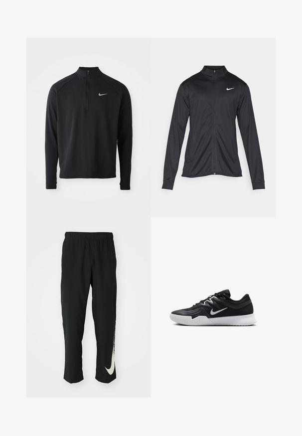 Črna atletska jakna z dolgimi rokavi, ovratnikom in polnim zadrgo. Vključuje diskreten bel Nike logotip na zgornjem levem delu prsnega koša. Gladka tekstura.; Črna športna majica z dolgimi rokavi in zadrgo, izdelana iz teksturiranega materiala, z visokim ovratnikom in srebrnim logotipom Nike na levem prsnem delu.; Črne športne hlače z elastičnim pasom, zoženim dizajnom, s velikim belim logotipom Nike na levem hlačnici. Mehka, lahka tkanina.; Črne atletske čevlje z teksturirano zgornjico, belim Nike znakom in belim gumijastim zunanjim podplatom. Imajo vezalni dizajn in dinamično obliko.