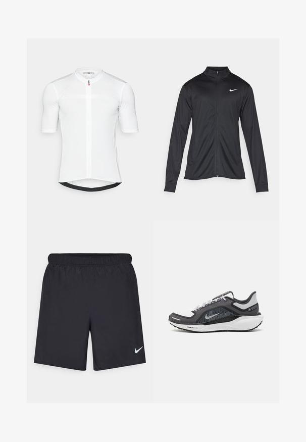 Veste de sport noire à manches longues, avec col et fermeture éclair intégrale. Présente un logo Nike subtil en blanc sur le côté supérieur gauche de la poitrine. Texture lisse.; Maillot de cyclisme à manches courtes en blanc, doté d'une fermeture éclair sur toute la longueur à l'avant, d'un col haut et d'un bandeau noir uni à l'ourlet. Fabriqué à partir d'un matériau léger.; Shorts de sport noirs en matériau léger avec une taille élastique. Présente un petit logo Nike blanc sur le bas du côté gauche.; Baskets de sport noires et grises avec un empeigne en maille, des accents réfléchissants et un intermédiaire blanc. Comprend une semelle extérieure en caoutchouc texturé et des lacets.