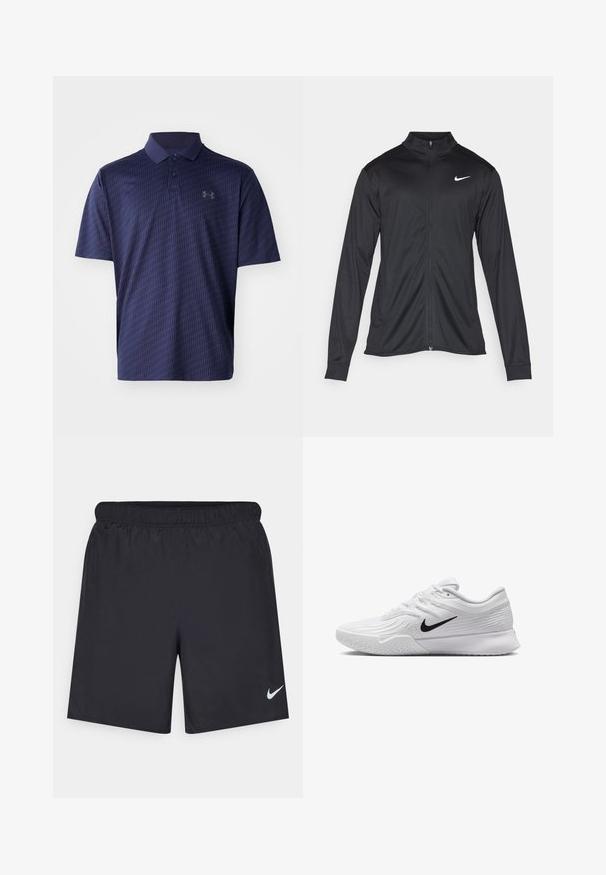 Černá sportovní bunda s dlouhými rukávy, límcem a plným zipem. Má decentní bílou logo značky Nike na horní levé části hrudi. Hladká textura.; Námořnická modrá polokošile vyrobená z prodyšné tkaniny, zdobená texturovaným geometrickým vzorem a tříknoflíkovou léga. Malé logo na hrudi.; Černé sportovní šortky vyrobené z lehkého materiálu s elastickým pasem. Na spodní levé straně mají malé bílé logo Nike.; Bílá sportovní obuv s texturovaným síťovaným svrchním materiálem, černým logem Nike, polstrovaným límcem a gumovou podrážkou s vzorkem na běhání.