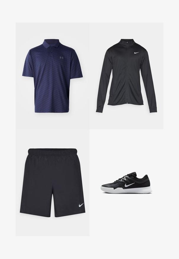 Svart idrettsjakke med lange ermer, krage og full glidelås. Har en subtil Nike-logo i hvitt på øvre venstre bryst. Glatt tekstur.; Mørkeblå polo skjorte laget av pustende stoff, med et teksturert geometrisk mønster og en tre-knappsfolder. Lite logo på brystet.; Svart sportskjørt laget av lett materiale med elastisk linning. Har en liten hvit Nike-logo nederst til venstre.; Svart treningssko med teksturert overdel, hvit Nike-swoosh og hvit gummisåle. Har snøring og en dynamisk form.