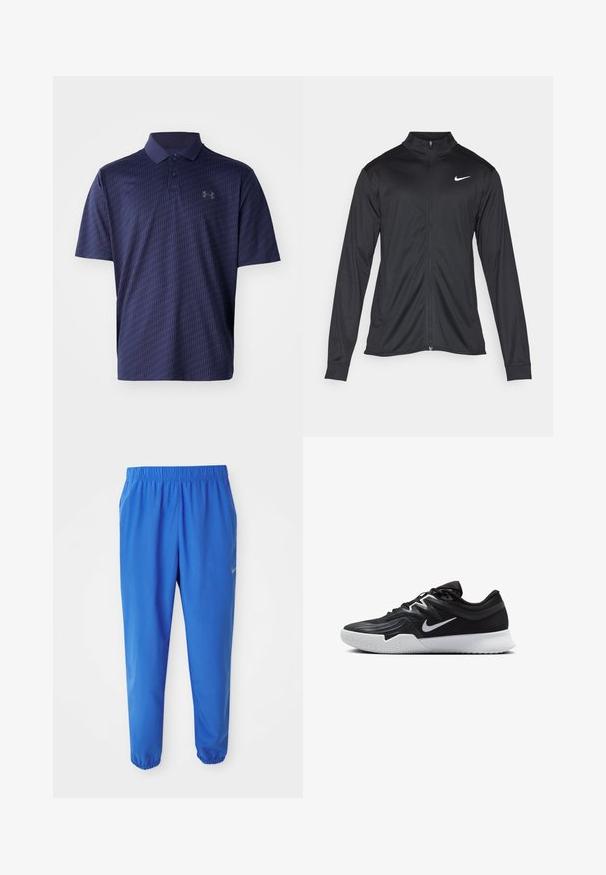 Melna sporta jaka ar garām piedurknēm, apkakli un pilnu rāvējslēdzēju. Uz kreisā krūts augšdaļas ir maigs Nike logo baltā krāsā. Gluda tekstūra.; Jūras zilas krāsas polo krekls, izgatavots no elpojoša auduma, ar teksturētu ģeometrisku rakstu un trīs pogu aizdari. Mazs logo uz krūtīm.; Zili zili svārki ar elastīgu jostasvietu, taisnas kāju dizainu un sašaurinātām piedurknēm. Ar Nike zīmolu zeltā kreisajā pusē.; Melni sporta apavi ar teksturētu virsu, balto Nike zulumu un balto gumijas zoli. Iezīmējas ar auklu pievilkšanas dizainu un dinamisku formu.