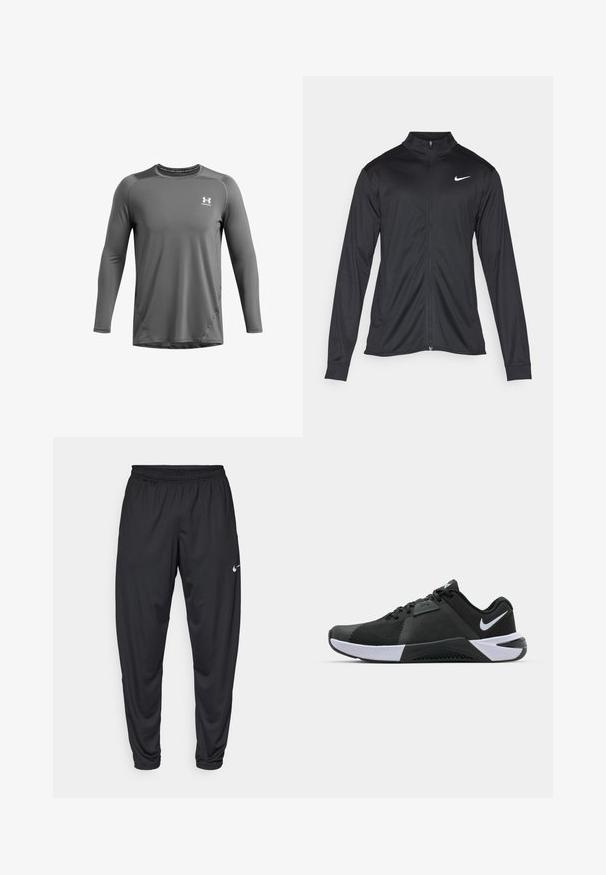 Juodas sportinis švarkas su ilgomis rankovėmis, apykakle ir pilnu užtrauktuku. Yra subtilus baltas Nike logotipas kairėje krūtinės pusėje. Lygus tekstūra.; Pilkas ilgomis rankovėmis sportinis marškinėliai su apvalia iškirpte, su siūlės detalėmis ir mažuoju baltu logotipu kairėje krūtinės pusėje.; Juodos sportinės kelnės su elastine juosta, siaurėjančiomis kojomis ir mažu baltu Nike logotipu kairėje šlaunyje. Sklandus audinys, be raštų.; Nike Performance METCON 10 - Avalynė treniruotėms - black/white/anthracite