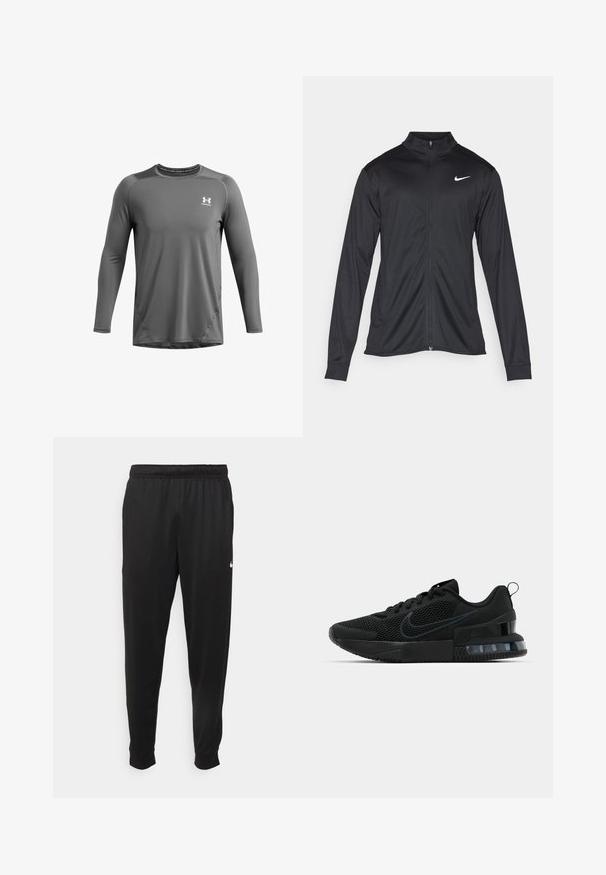 Črna atletska jakna z dolgimi rokavi, ovratnikom in polnim zadrgo. Vključuje diskreten bel Nike logotip na zgornjem levem delu prsnega koša. Gladka tekstura.; Siva športna majica z dolgimi rokavi in okroglo ovratnikom, z detajli šivanja in majhnim belim logotipom na zgornjem levem prsnem delu.; Črne športne hlače iz gladkega materiala, z elastičnim pasom, zoženimi hlačnicami in majhnim belim logotipom na levi strani.; Črne atletske tenisice Nike z mrežno zgornjico, gumijastim podplatom, oblazinjenim ovratnikom in značilnim prozornim poudarkom na peti.