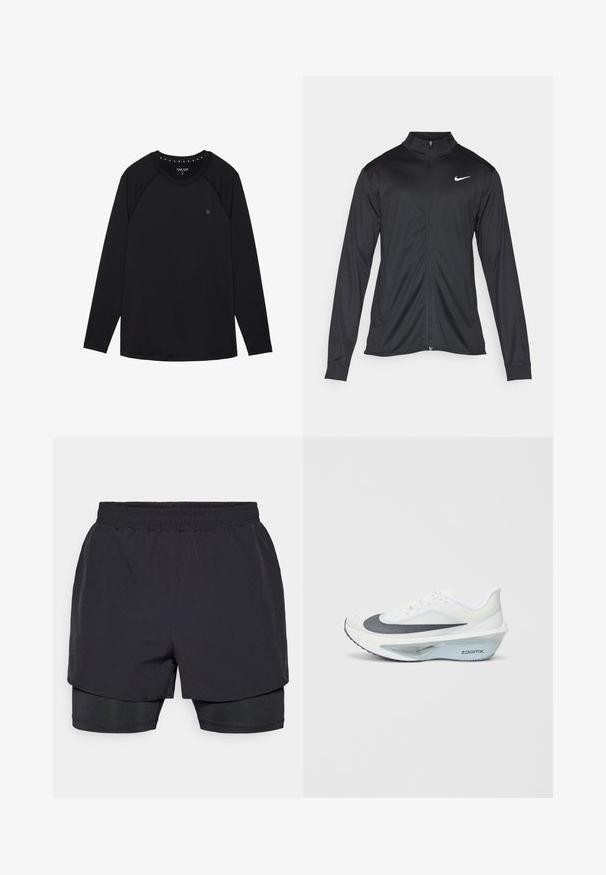 Melna sporta jaka ar garām piedurknēm, apkakli un pilnu rāvējslēdzēju. Uz kreisā krūts augšdaļas ir maigs Nike logo baltā krāsā. Gluda tekstūra.; Melna garo piedurkņu krekls ar raglanu piedurknēm, apaļu kakla izgriezumu un mazu logo uz krūškurvja. Gluda auduma ar pieguļošu dizainu.; Melni sporta šorti ar elastīgu jostasvietu, slāņotā dizainā un pieguļošu iekšējo oderi. Gluda tekstūra, izstrādāti ērtai valkāšanai.; Baltas sporta apavs ar pelēku sieta augšdaļu, zilas ZoomX putas vidusdaļā un izliekts zole, kas nodrošina uzlabotu propelēšanu un komfortu.