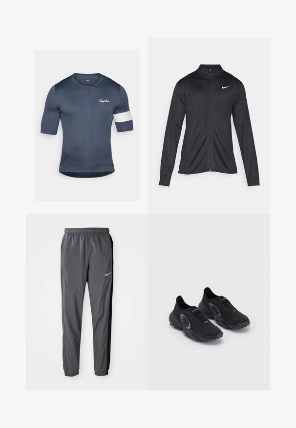 Veste de sport noire à manches longues, avec col et fermeture éclair intégrale. Présente un logo Nike subtil en blanc sur le côté supérieur gauche de la poitrine. Texture lisse.; Maillot de cyclisme à manches courtes en bleu marine, fabriqué en tissu extensible. Il dispose d'une fermeture éclair sur le devant et d'un accent blanc sur la manche gauche.; Pantalons de survêtement Nike, fabriqués en tissu léger, de couleur gris foncé avec des panneaux latéraux noirs. Présente une taille élastique et un logo réfléchissant.; Baskets noires à enfiler avec une tige texturée et une semelle en caoutchouc. Elles présentent un accent circulaire gris et une bande élastique sur le coup de pied pour un bon maintien.