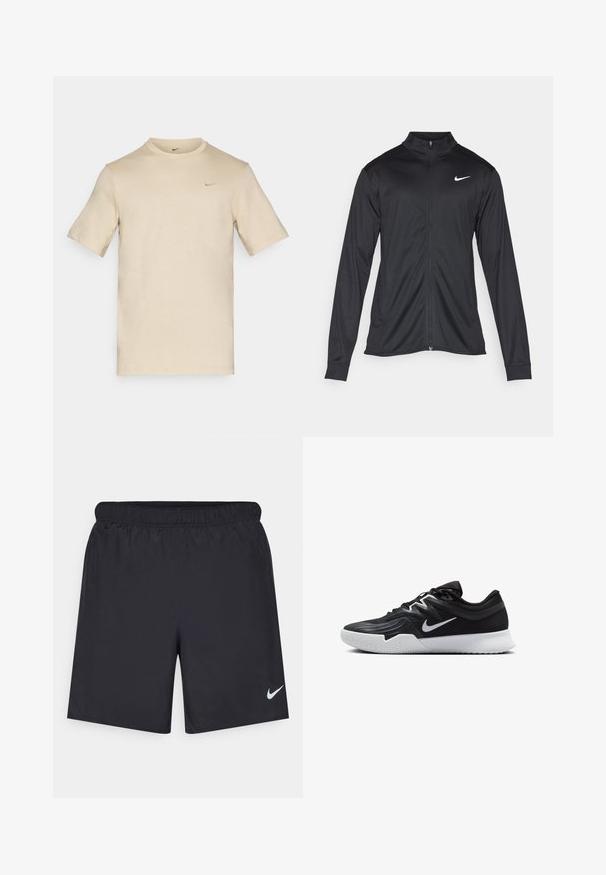 Czarna sportowa kurtka z długimi rękawami, kołnierzem i pełnym zamkiem. Posiada subtelne logo Nike w białym kolorze na lewej górnej części klatki piersiowej. Gładka tekstura.; Jasno beżowa bawełniana koszulka z okrągłym dekoltem, krótkimi rękawami i małym czarnym logo Nike na górnej lewej stronie klatki piersiowej. Gładka faktura.; Czarne spodenki sportowe wykonane z lekkiego materiału, z elastycznym pasem. Posiadają małe białe logo Nike na dolnej lewej stronie.; Czarne buty sportowe z teksturowaną cholewką, białym logo Nike i białą gumową podeszwą. Charakteryzują się sznurowanym zapięciem i dynamicznym kształtem.