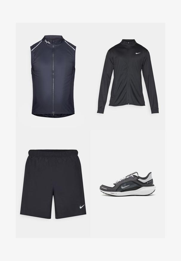 Černá sportovní bunda s dlouhými rukávy, límcem a plným zipem. Má decentní bílou logo značky Nike na horní levé části hrudi. Hladká textura.; Bezrukávová cyklistická vesta v námořnické modři, s vysokým límcem, plným zipem, reflexními prvky a lehkým, hladkým textilním materiálem.; Černé sportovní šortky vyrobené z lehkého materiálu s elastickým pasem. Na spodní levé straně mají malé bílé logo Nike.; Černá a šedá sportovní obuv s vrškem z prodyšné síťoviny, reflexními akcenty a bílou mezipodešví. Obsahuje texturovanou gumovou podrážku a tkaničky.