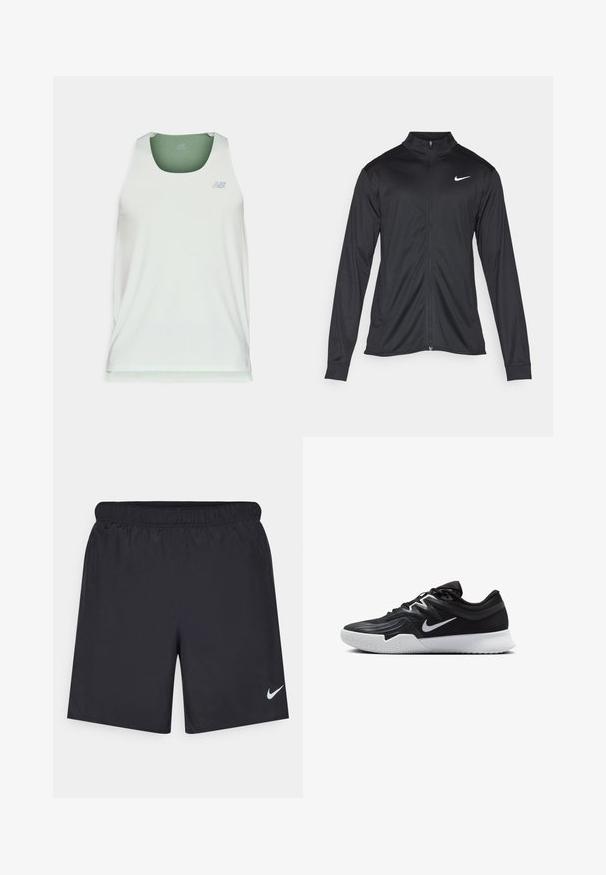 Crna sportska jakna s dugim rukavima, ovratnikom i punim patentnim zatvaračem. Ima suptilan Nike logo u bijeloj boji na gornjem lijevom dijelu prsne oznake. Glatka tekstura.; Svijetlozeleni bezrukavni sportski top napravljen od glatkog materijala. Ima okrugli izrez i suptilni logo sprijeda.; Crne atletske kratke hlače od laganog materijala s elastičnom tačkom. Imaju mali bijeli Nike logo na donjoj lijevoj strani.; Crna sportska cipela s teksturiranim gornjim dijelom, bijelim Nike swooshom i bijelim gumennim potplatom. Ima dizajn s vezanjem i dinamičan oblik.