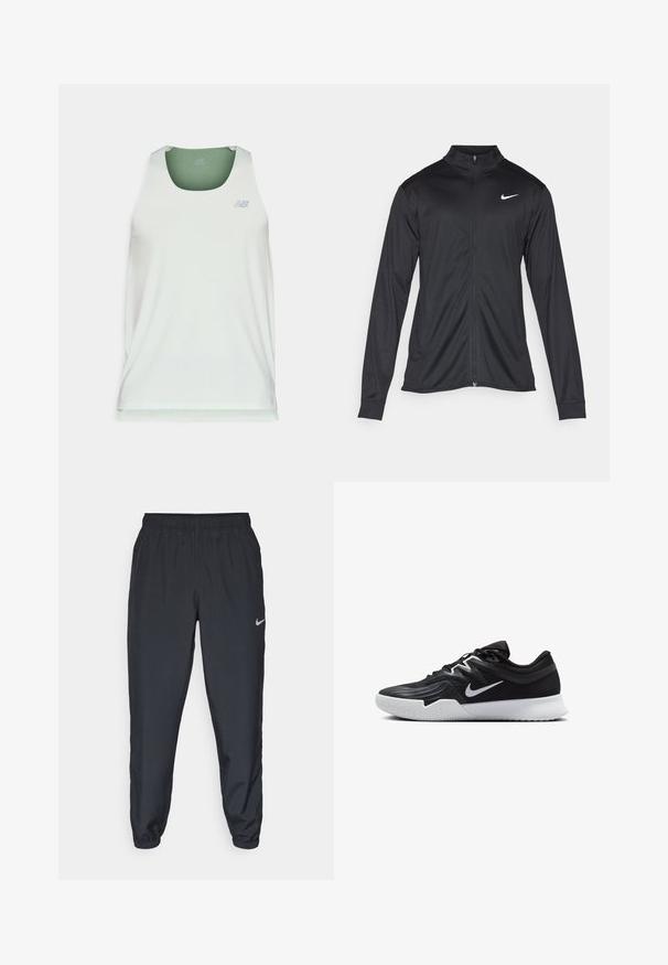 Black athletic jacket with long sleeves, collar, and full zipper. Features a subtle Nike logo in white on the upper left chest. Smooth texture.; Light green sleeveless athletic top made of smooth fabric. Features a round neckline and subtle logo on the front.; Black track pants made from lightweight fabric with an elastic waistband, ankle cuffs, and a discreet Nike logo on the left side.; Black athletic shoe with a textured upper, white Nike swoosh, and a white rubber outsole. Features a lace-up design and dynamic shape.
